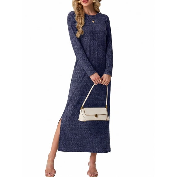 Cueply Long Sleeve Dress for Women Fall Wedding Guest Cocktail Maxi Dresses Split Elegant Ribbed Knit Winter Dress with Pockets