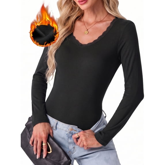 Cueply Long Sleeve Thermal Shirts for Women Lace Fleece Lined Stretch V Neck Tops Undershirt Base Layer