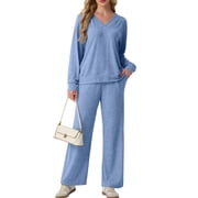Cueply Lounge Sets for Women 2 Piece Outfits Fall Long Sleeve Knit Sweater Top Wide Leg Pants Loungewear Winter Matching Set