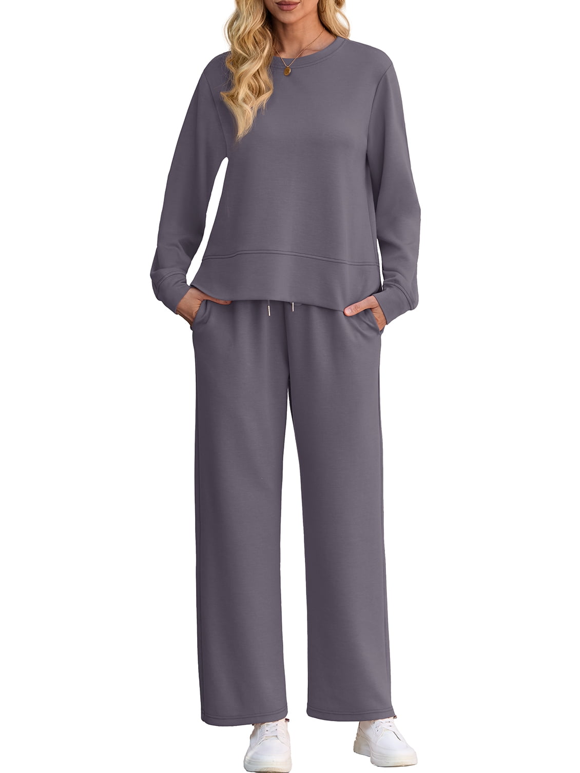 Lounge Sets for Women 2 Piece Outfits Sweatsuits Set Long Sleeve Wide Leg Pants with Pockets