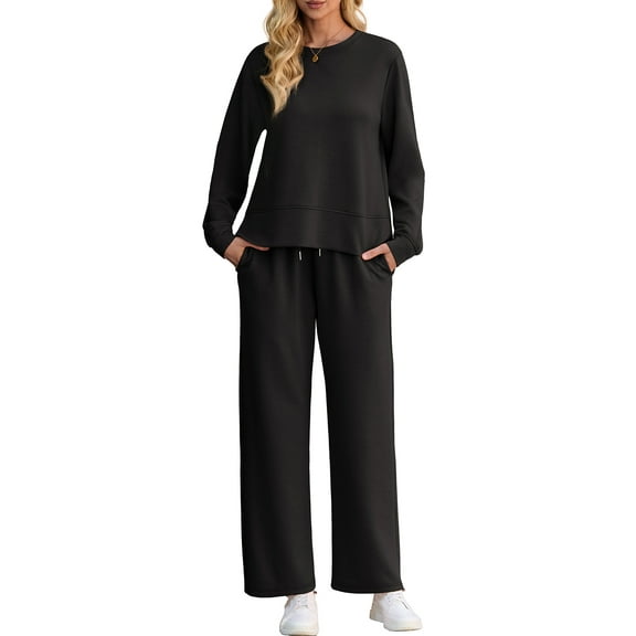 Cueply Lounge Sets for Women 2 Piece Outfits Sweatsuits Set Long Sleeve Wide Leg Pants with Pockets