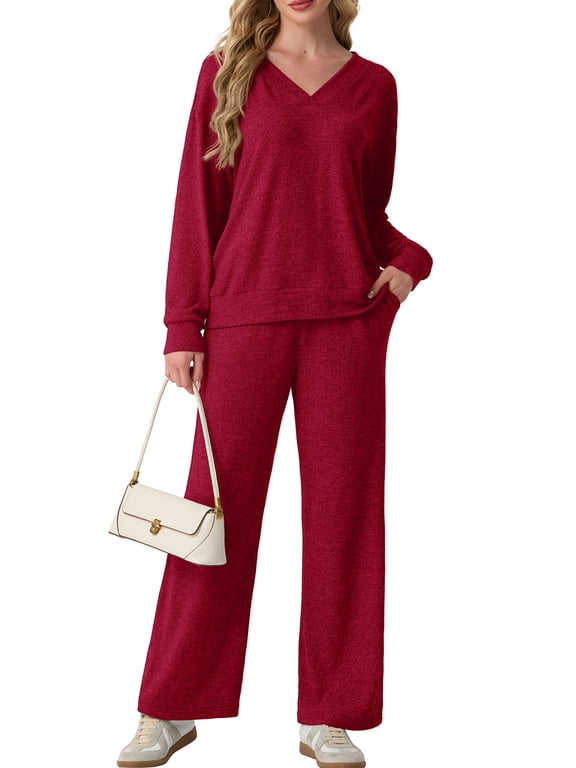 Lounge Sets for Women 2 Piece Outfits Fall Long Sleeve Knit Sweater Top Wide Leg Pants Loungewear Winter Matching Set