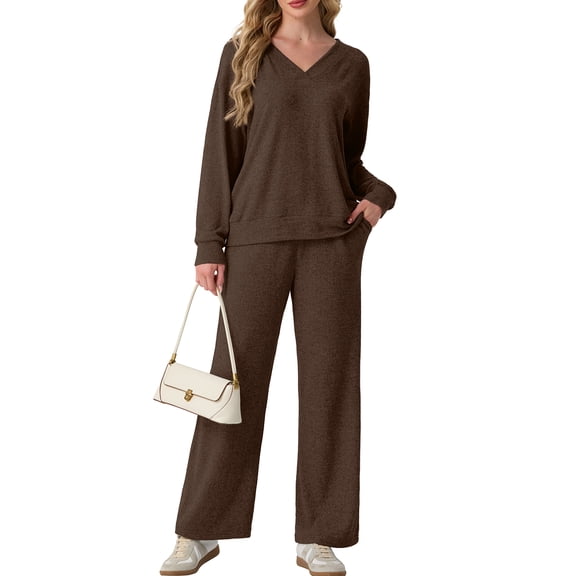 Cueply Lounge Sets for Women 2 Piece Outfits Fall Long Sleeve Knit Sweater Top Wide Leg Pants Loungewear Winter Matching Set