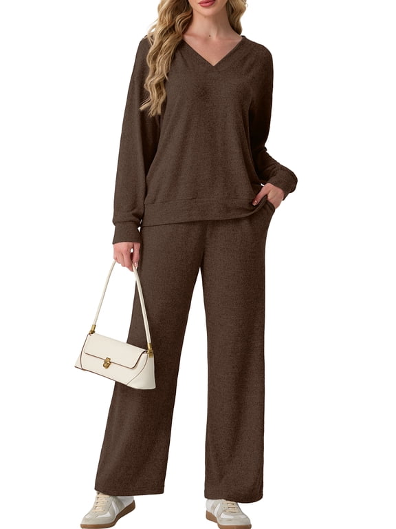 Lounge Sets for Women 2 Piece Outfits Fall Long Sleeve Knit Sweater Top Wide Leg Pants Loungewear Winter Matching Set