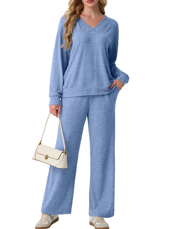 Lounge Sets for Women 2 Piece Outfits Fall Long Sleeve Knit Sweater Top Wide Leg Pants Loungewear Winter Matching Set