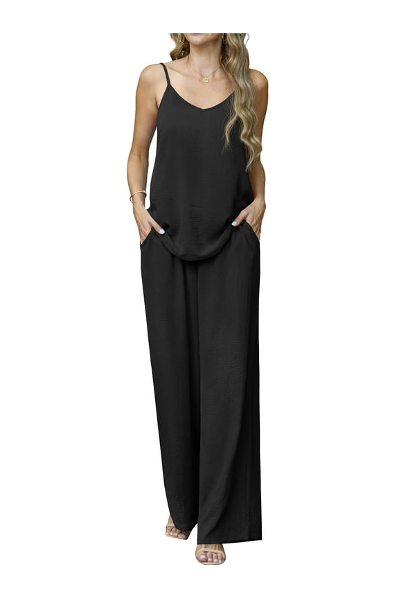 Lounge Sets for Women Summer 2 Piece Outfits Casual Tops Elastic Wide Leg Pants with Pockets