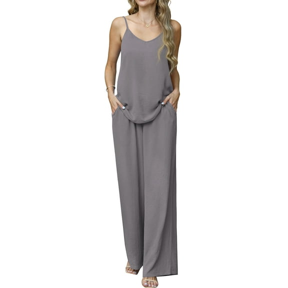 Cueply Lounge Sets for Women Summer 2 Piece Outfits Casual Tops Elastic Wide Leg Pants with Pockets