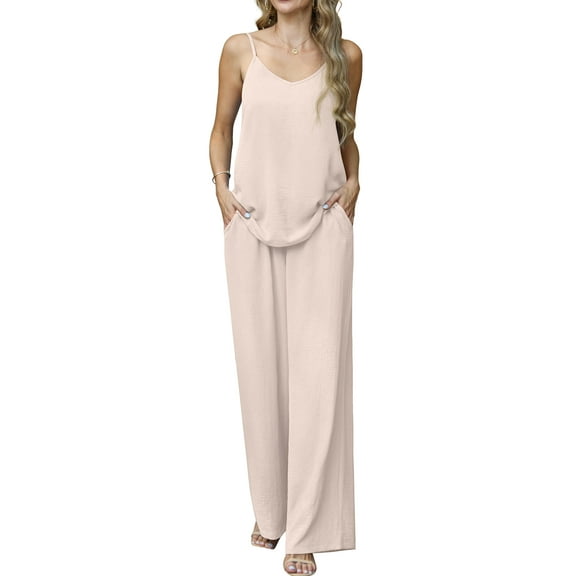 Cueply Lounge Sets for Women Summer 2 Piece Outfits Casual Tops Elastic Wide Leg Pants with Pockets