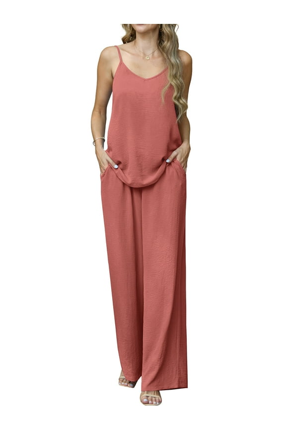 Lounge Sets for Women Summer 2 Piece Outfits Casual Tops Elastic Wide Leg Pants with Pockets