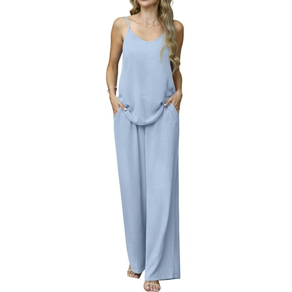Cueply Lounge Sets for Women Summer 2 Piece Outfits Casual Tops Elastic Wide Leg Pants with Pockets