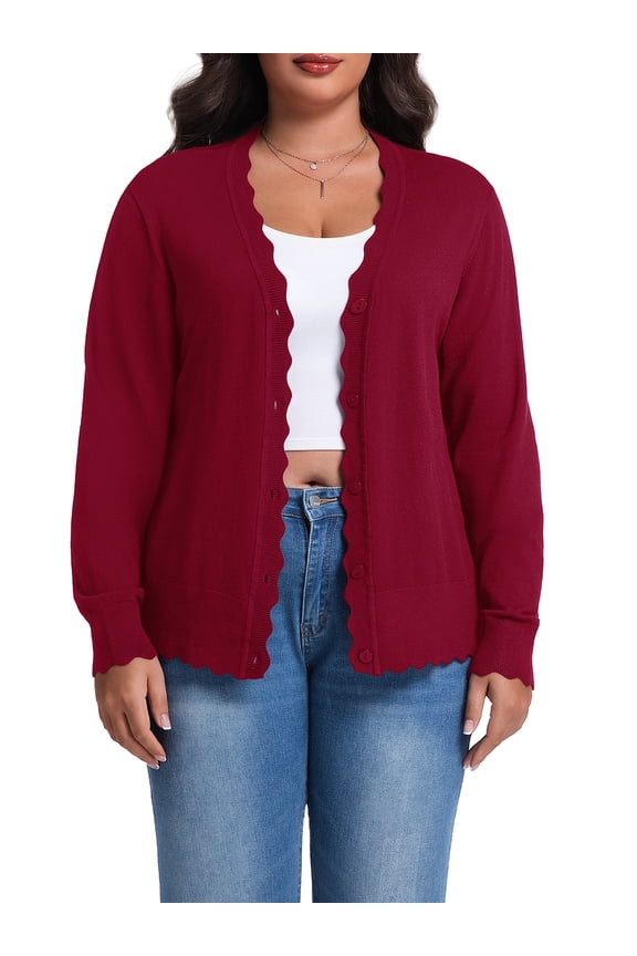 Plus Size Cardigan for Women Open Front Button V-Neck Long Sleeve Ribbed Wave Edges Lightweight Sweaters
