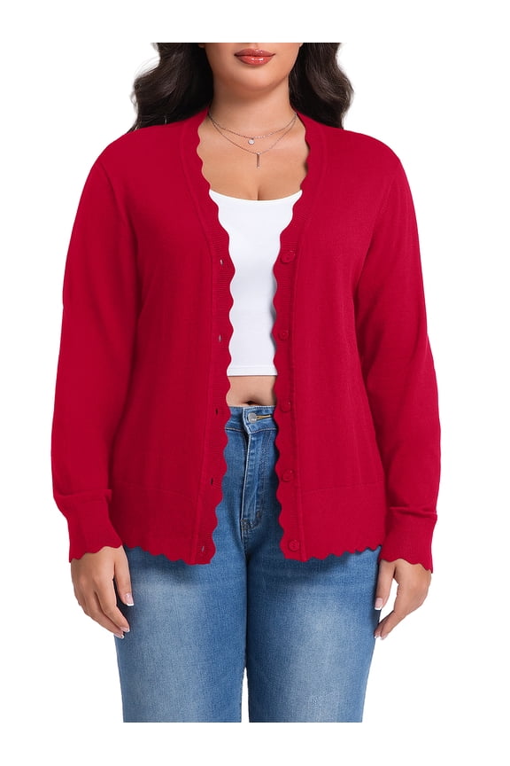 Plus Size Cardigan for Women Open Front Button V-Neck Long Sleeve Ribbed Wave Edges Lightweight Sweaters