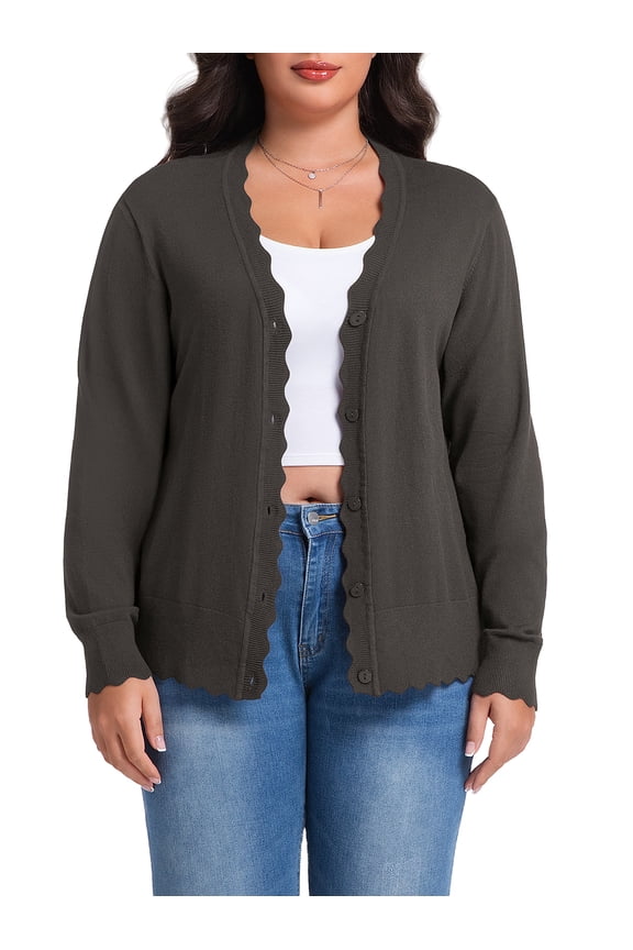 Plus Size Cardigan for Women Open Front Button V-Neck Long Sleeve Ribbed Wave Edges Lightweight Sweaters