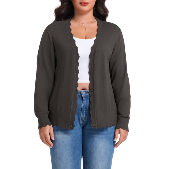 Cueply Plus Size Cardigan for Women Open Front Button V-Neck Long Sleeve Ribbed Wave Edges Lightweight Sweaters