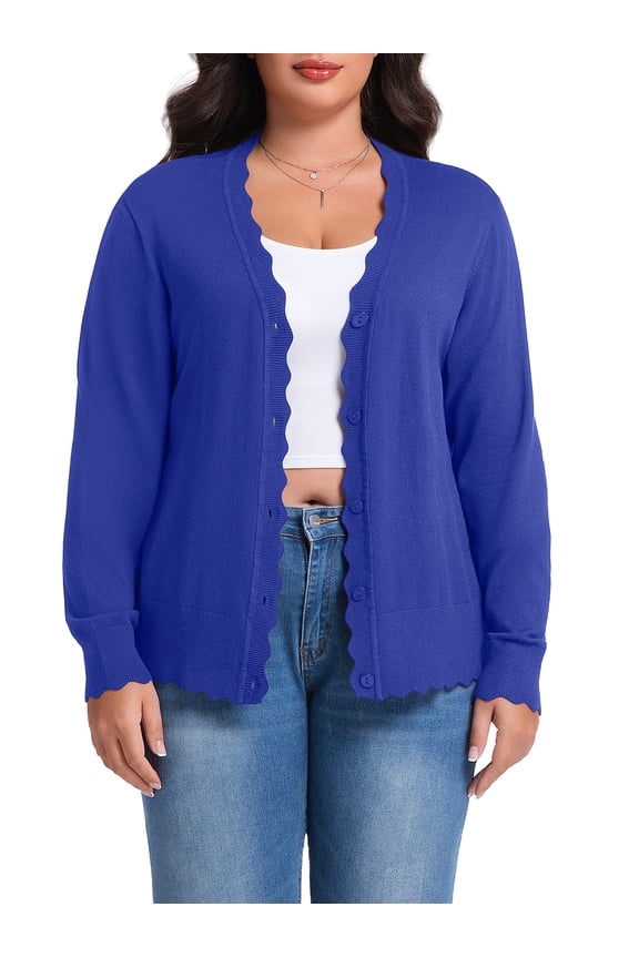 Plus Size Cardigan for Women Open Front Button V-Neck Long Sleeve Ribbed Wave Edges Lightweight Sweaters