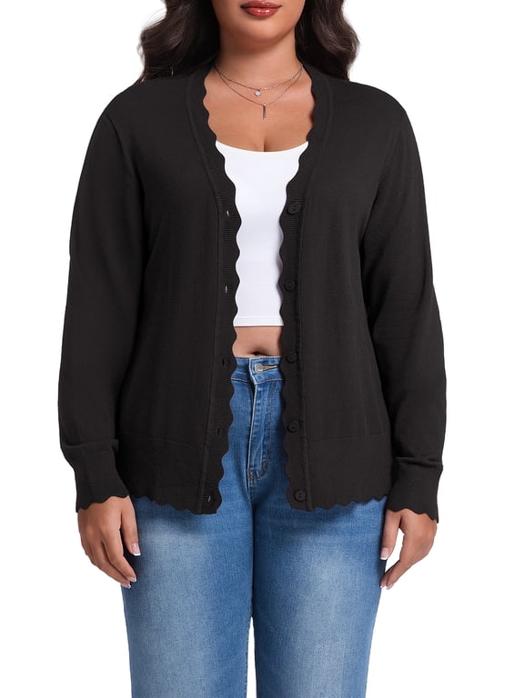 Plus Size Cardigan for Women Open Front Button V-Neck Long Sleeve Ribbed Wave Edges Lightweight Sweaters