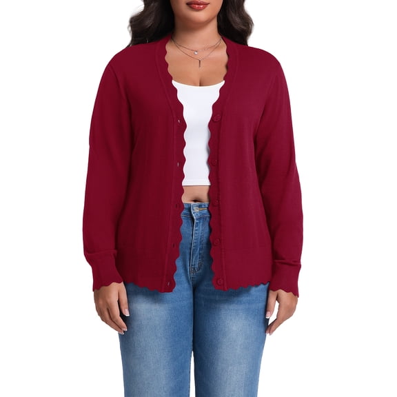 Cueply Plus Size Cardigan for Women Open Front Button V-Neck Long Sleeve Ribbed Wave Edges Lightweight Sweaters
