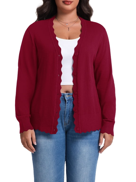 Plus Size Cardigan for Women Open Front Button V-Neck Long Sleeve Ribbed Wave Edges Lightweight Sweaters