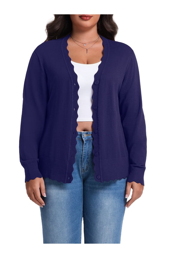 Plus Size Cardigan for Women Open Front Button V-Neck Long Sleeve Ribbed Wave Edges Lightweight Sweaters