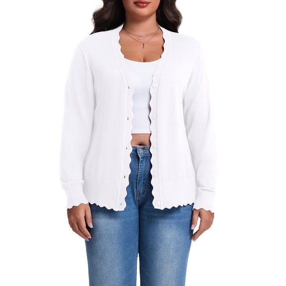 Cueply Plus Size Cardigan for Women Open Front Button V-Neck Long Sleeve Ribbed Wave Edges Lightweight Sweaters