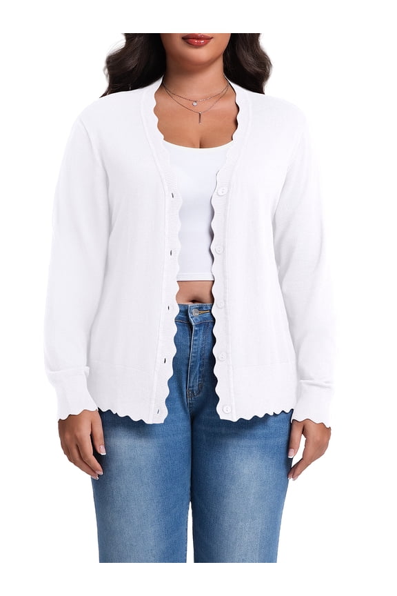 Plus Size Cardigan for Women Open Front Button V-Neck Long Sleeve Ribbed Wave Edges Lightweight Sweaters
