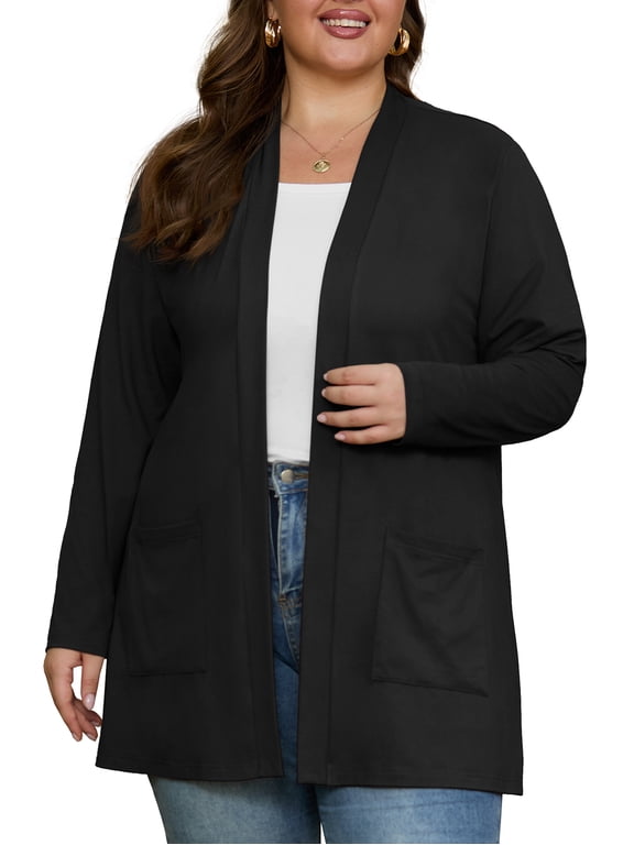 Plus Size Lightweight Cardigan for Women Long Sleeve Open Front Casual Cover Up with Pockets Soft Draped Layering Jacket 1X-4X