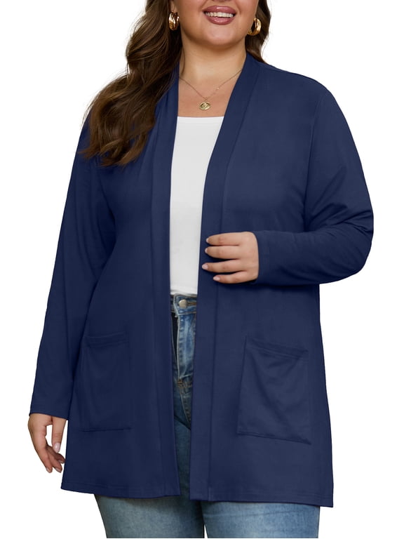 Plus Size Lightweight Cardigan for Women Long Sleeve Open Front Casual Cover Up with Pockets Soft Draped Layering Jacket 1X-4X
