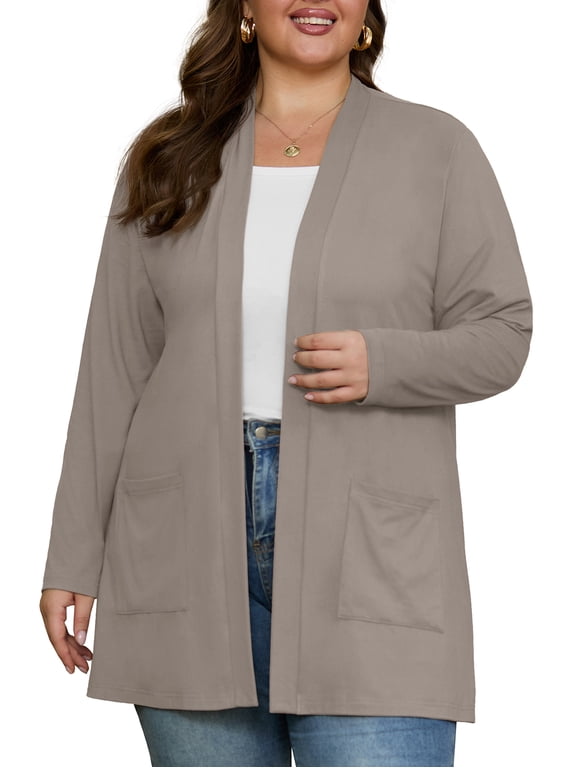Plus Size Lightweight Cardigan for Women Long Sleeve Open Front Casual Cover Up with Pockets Soft Draped Layering Jacket 1X-4X