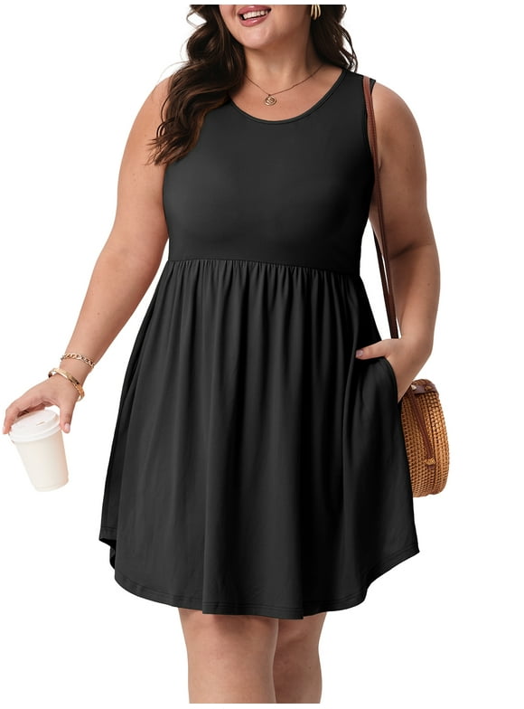 Plus Size Summer Dresses for Curvy Women Casual Sleeveless Crew Neck Loose Womens Midi Dresses