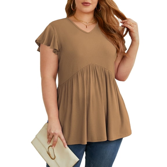 Cueply Plus Size Summer Tops for Women Short Sleeve V Neck Casual Blouse Shirts Tunic Tops