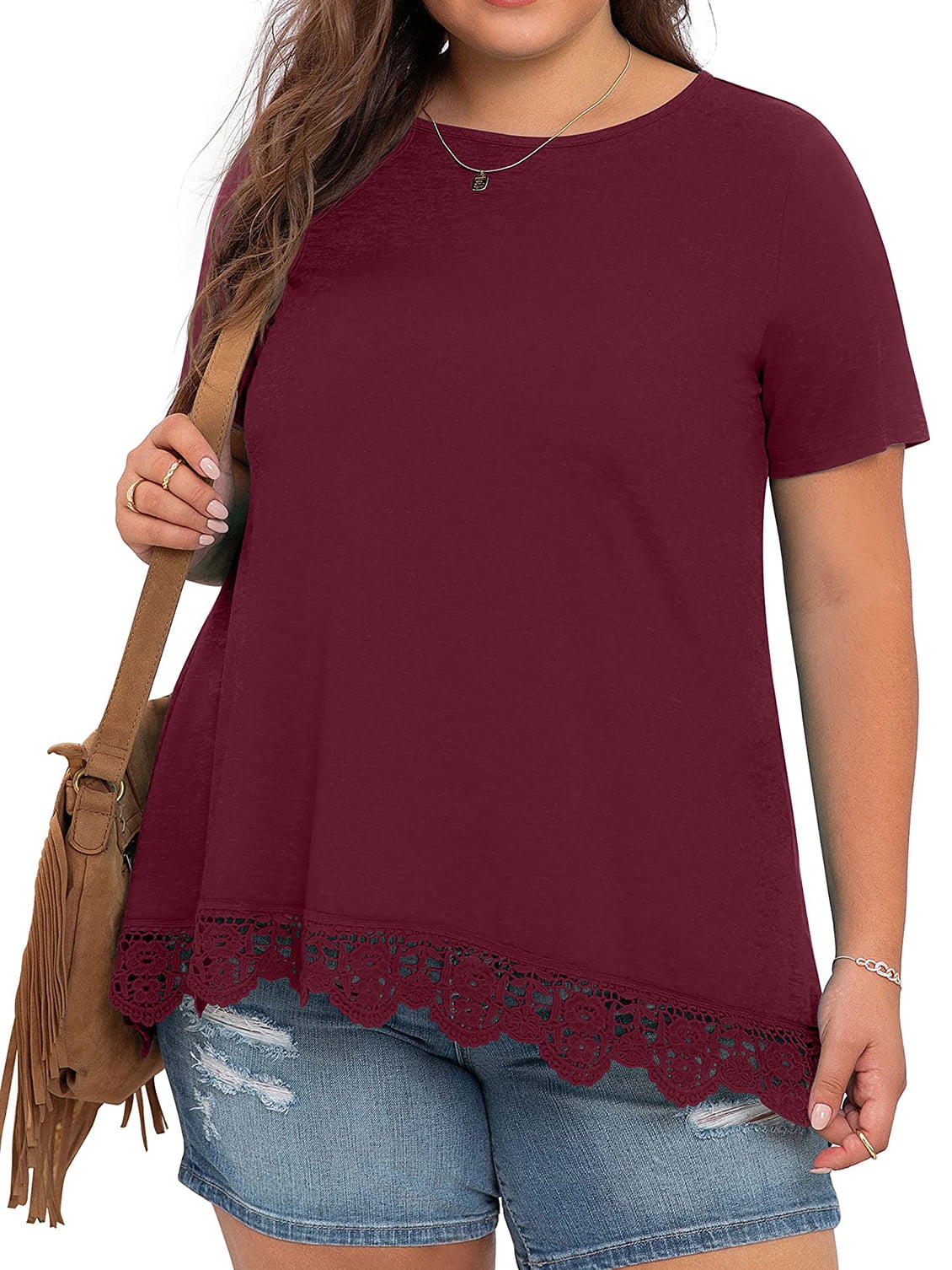 Cueply Plus Size Womens Summer Tops, Casual Short Sleeve Crew Neck Lace ...