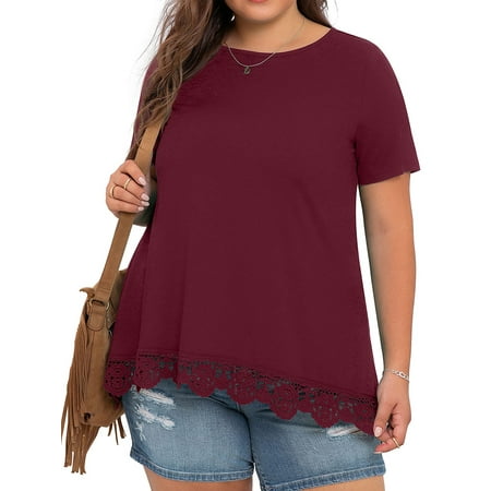 Cueply Plus Size Tops for Women Summer Casual Womens Short Sleeve Crew Neck Lace Shirts Tunic Blouses