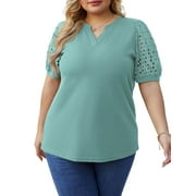 CUEPLY Plus Size Tops for Women Summer Dressy Casual Blouse Waffle Knit Lace Short Sleeve V Neck Shirts 1X-4X