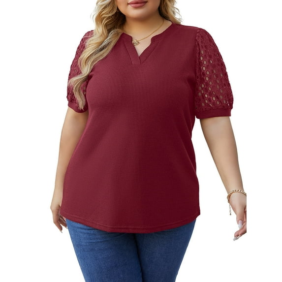 Cueply Plus Size Tops for Women Summer Dressy Casual Blouse Waffle Knit Lace Short Sleeve V Neck Shirts 1X-4X