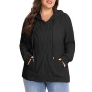Plus Size Zip Up Hoodie for Women Lightweight Ribbed Knit Jacket Long Sleeve Sweatshirt with Pockets Casual Fall Winter Outerwear