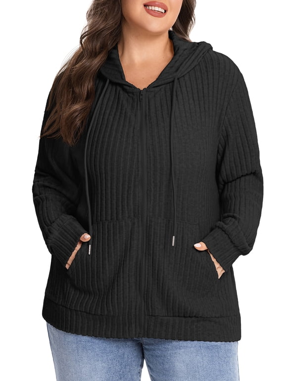 Plus Size Zip Up Hoodie for Women Lightweight Ribbed Knit Jacket Long Sleeve Sweatshirt with Pockets Casual Fall Winter Outerwear