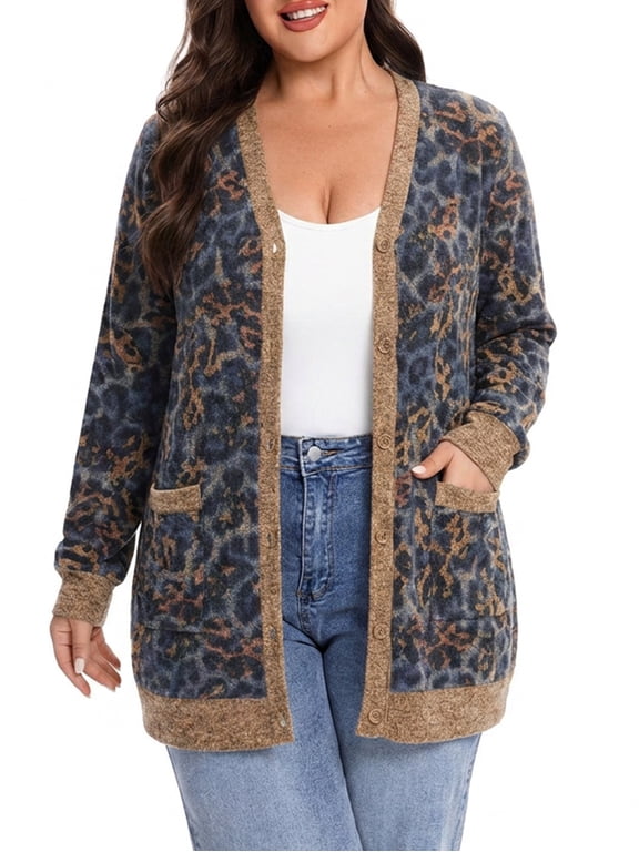Women Plus Size Cardigan Open Front Button Down Sweater Lightweight Knit Jacket with Pockets Fall Winter Outerwear