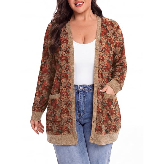 Cueply Women Plus Size Cardigan Open Front Button Down Sweater Lightweight Knit Jacket with Pockets Fall Winter Outerwear