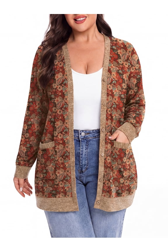 Women Plus Size Cardigan Open Front Button Down Sweater Lightweight Knit Jacket with Pockets Fall Winter Outerwear