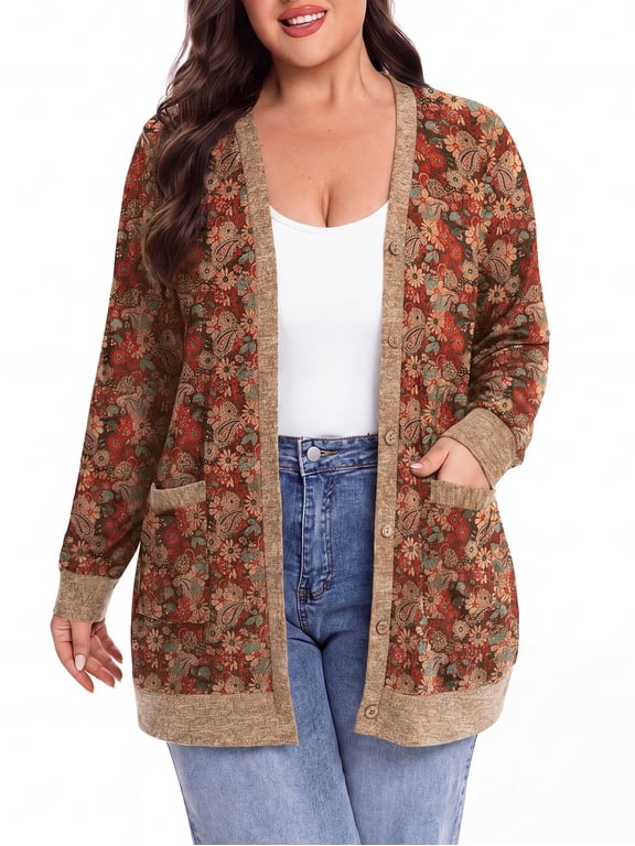 Women Plus Size Cardigan Open Front Button Down Sweater Lightweight Knit Jacket with Pockets Fall Winter Outerwear