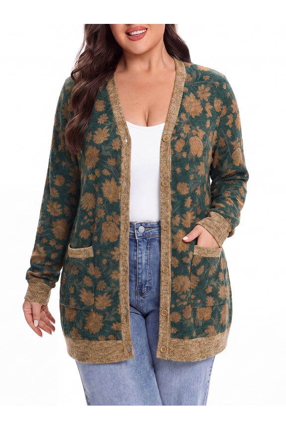 Women Plus Size Cardigan Open Front Button Down Sweater Lightweight Knit Jacket with Pockets Fall Winter Outerwear