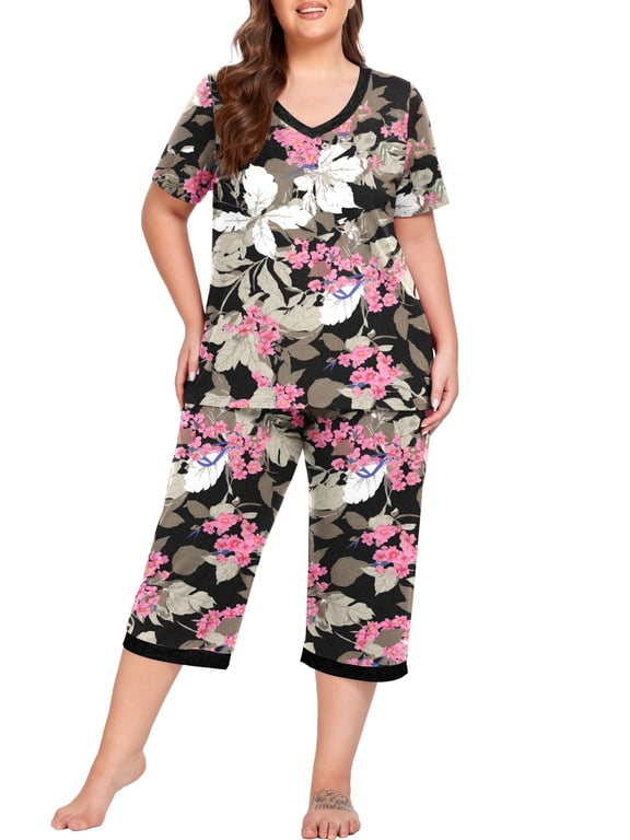Women Plus Size Pajamas Set Short Sleeve Pjs Sleepwear Loungewear Nightwear with Pockets