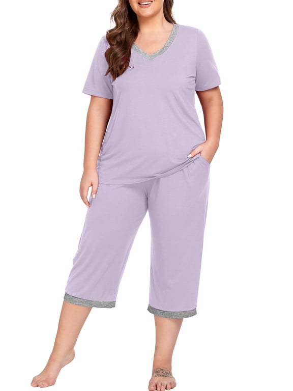 Women Plus Size Pajamas Set Short Sleeve Pjs Sleepwear Loungewear Nightwear with Pockets