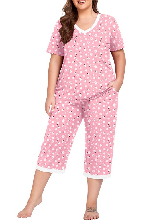 Women Plus Size Pajamas Set Short Sleeve Pjs Sleepwear Loungewear Nightwear with Pockets