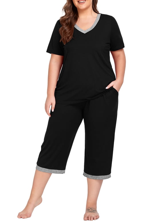 Women Plus Size Pajamas Set Short Sleeve Pjs Sleepwear Loungewear Nightwear with Pockets