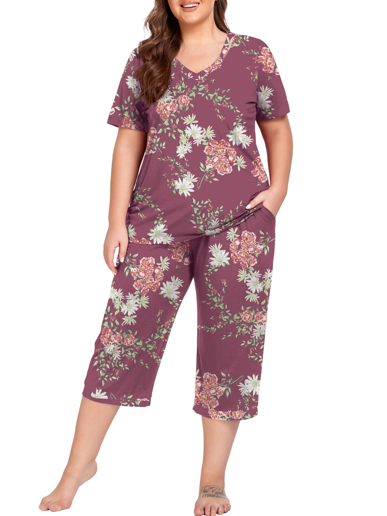 Cueply Women s Plus Size Short Sleeve Pajama Set with Lounge Bottoms and Pockets Walmart