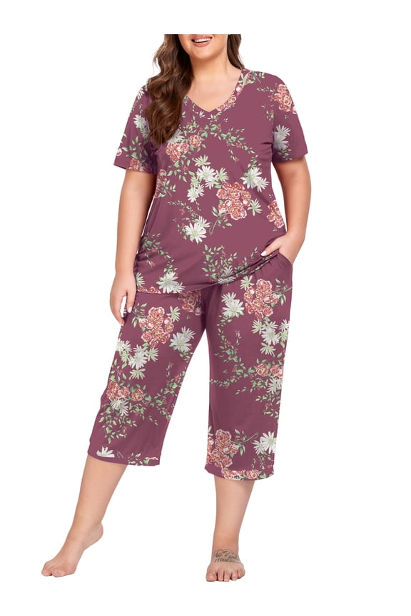 Women Plus Size Pajamas Set Short Sleeve Pjs Sleepwear Loungewear Nightwear with Pockets