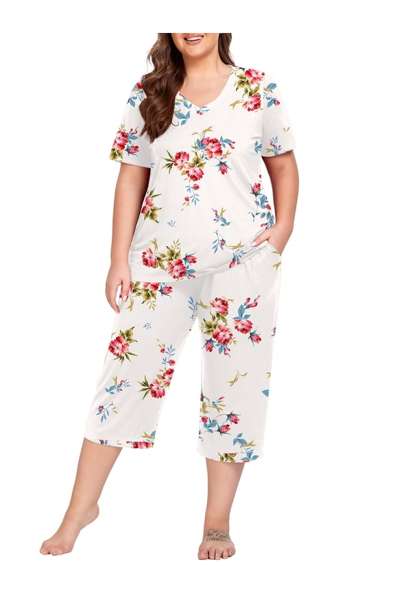 Women Plus Size Pajamas Set Short Sleeve Pjs Sleepwear Loungewear Nightwear with Pockets