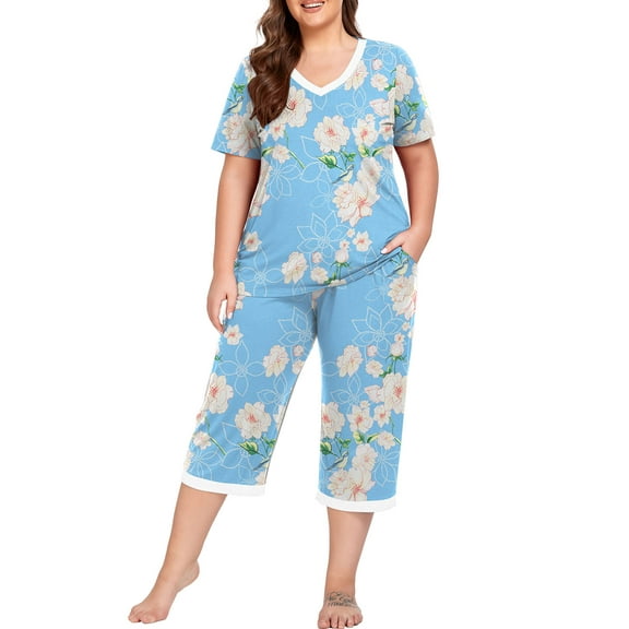 Cueply Women Plus Size Pajamas Set Short Sleeve Pjs Sleepwear Loungewear Nightwear with Pockets