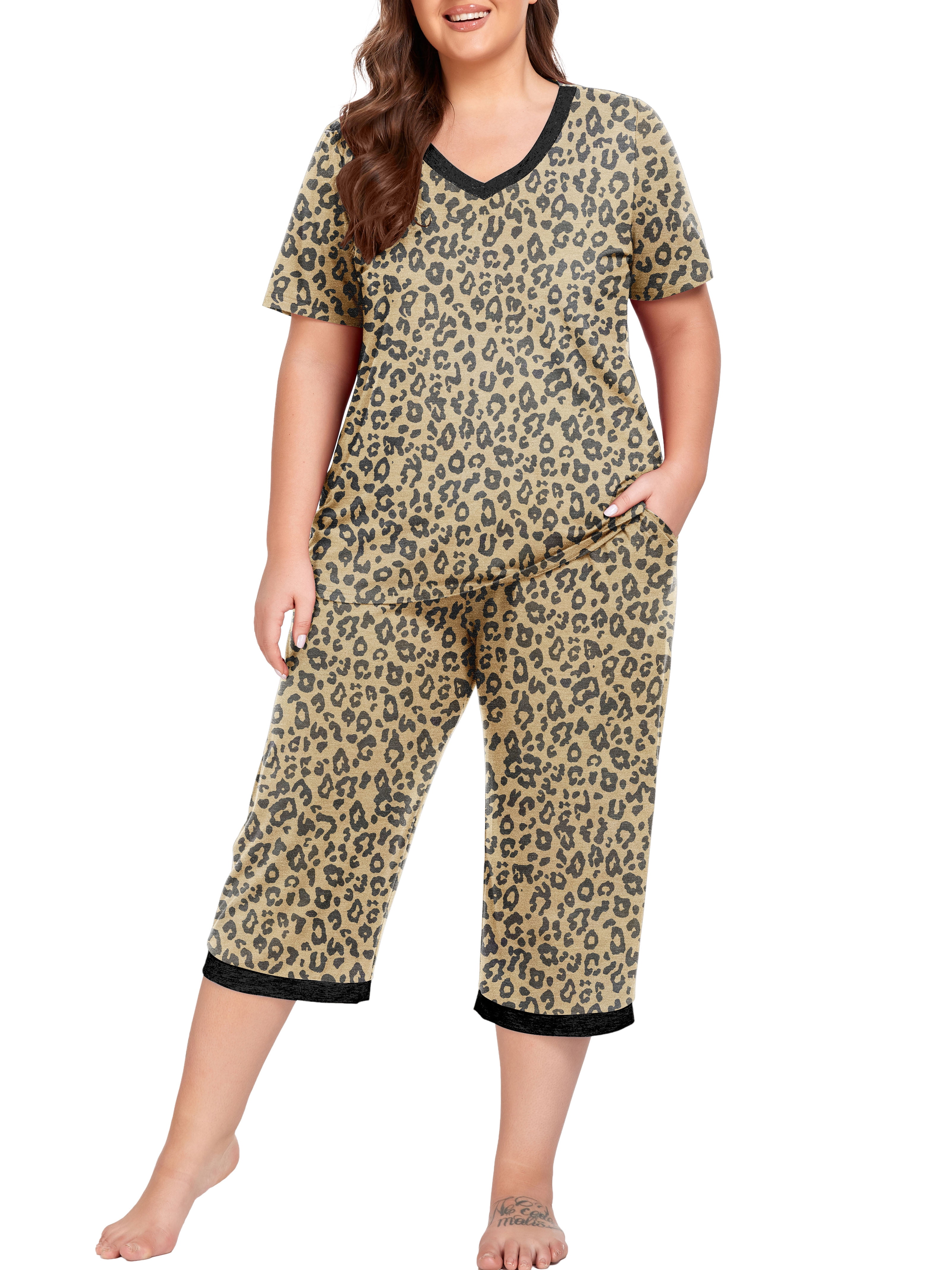 NACHILA Women's Bamboo Pajama Set - Short Sleeve V-Neck Top & Capri Pants, Tagless Sleepwear